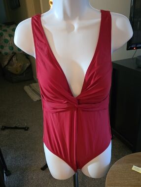 Twist-Front Deep V Bandeau Swimsuit in Red
